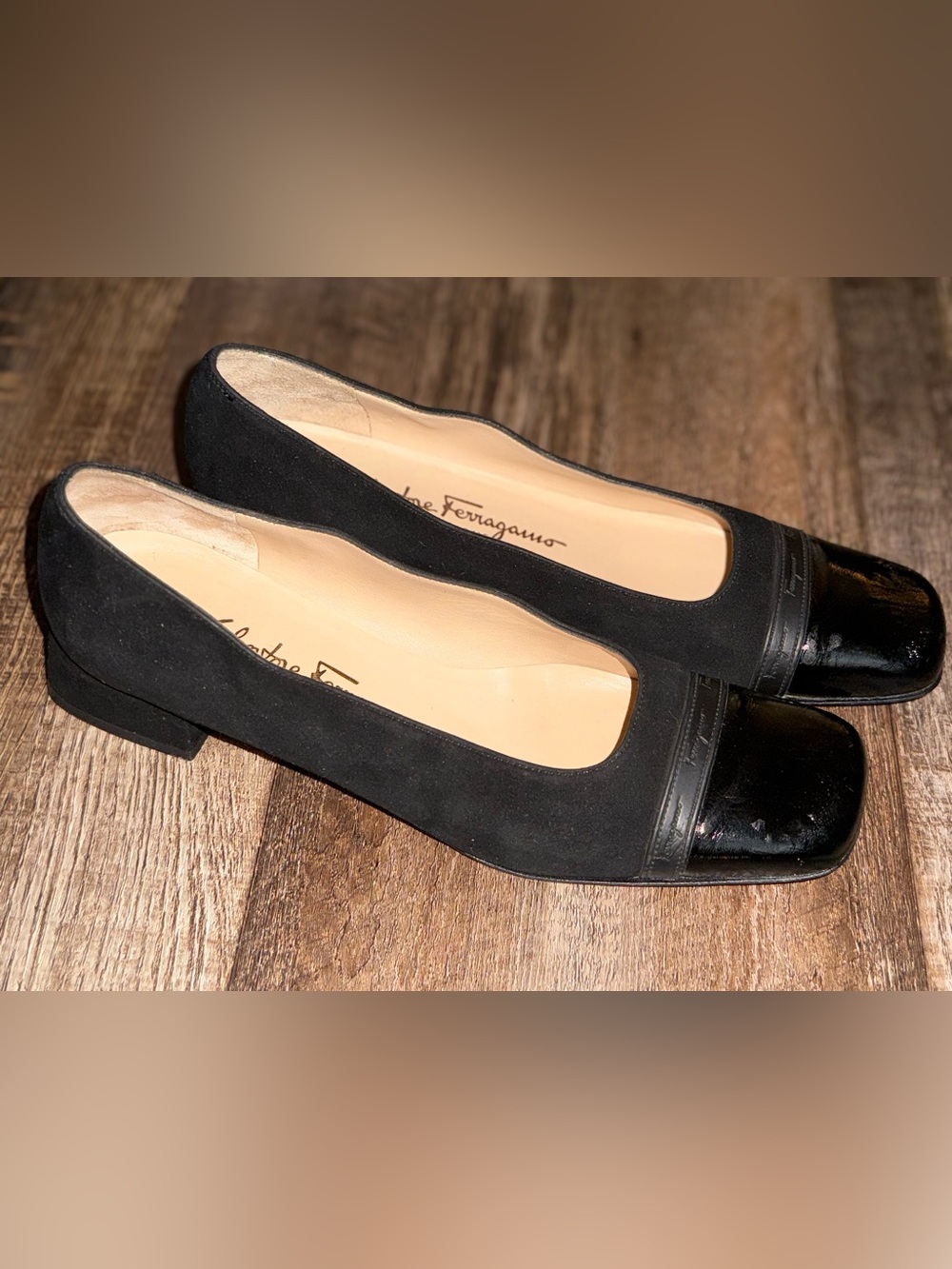 Salvatore Ferragamo Black Suede Flats with Patent Square Toe